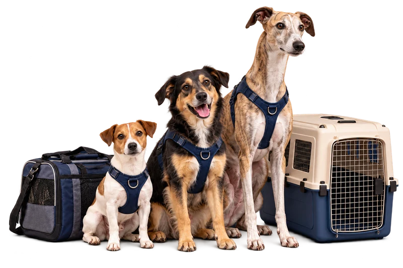 Drei Hunde verschiedener Größen mit Geschirr neben einer weichen Tasche und einer festen Transportbox