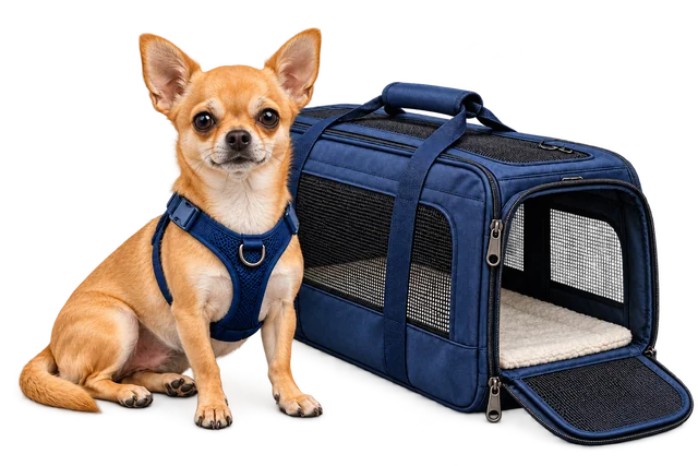 Chihuahua mit Geschirr neben einem Transportbehälter
