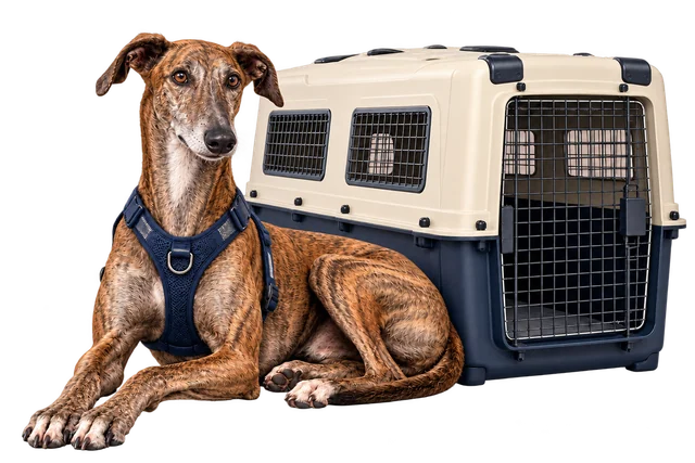 Spanischer Galgo mit Geschirr neben einem Transportbehälter
