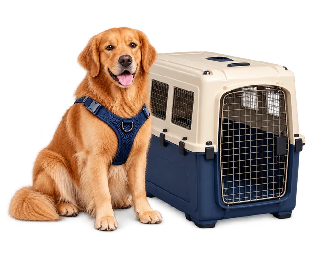 Golden Retriever mit Geschirr neben einem Transportbehälter