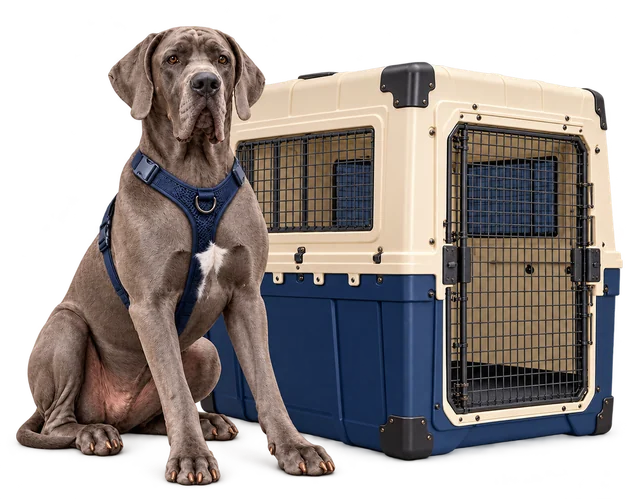 Deutsche Dogge mit Geschirr neben einem Transportbehälter