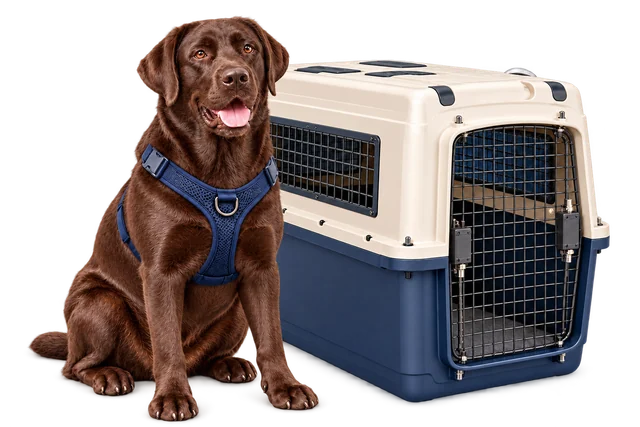 Labrador Retriever mit Geschirr neben einem Transportbehälter