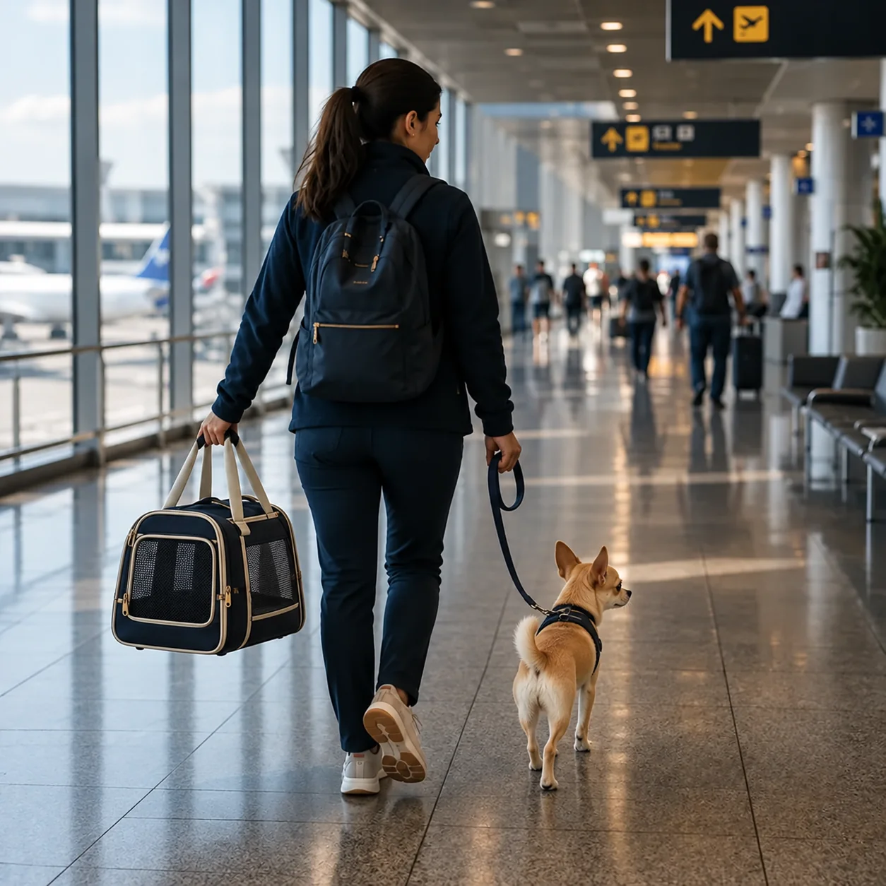 Chihuahua walking beside an accompanying woman in an airport terminal with a soft-sided pet carrier bag