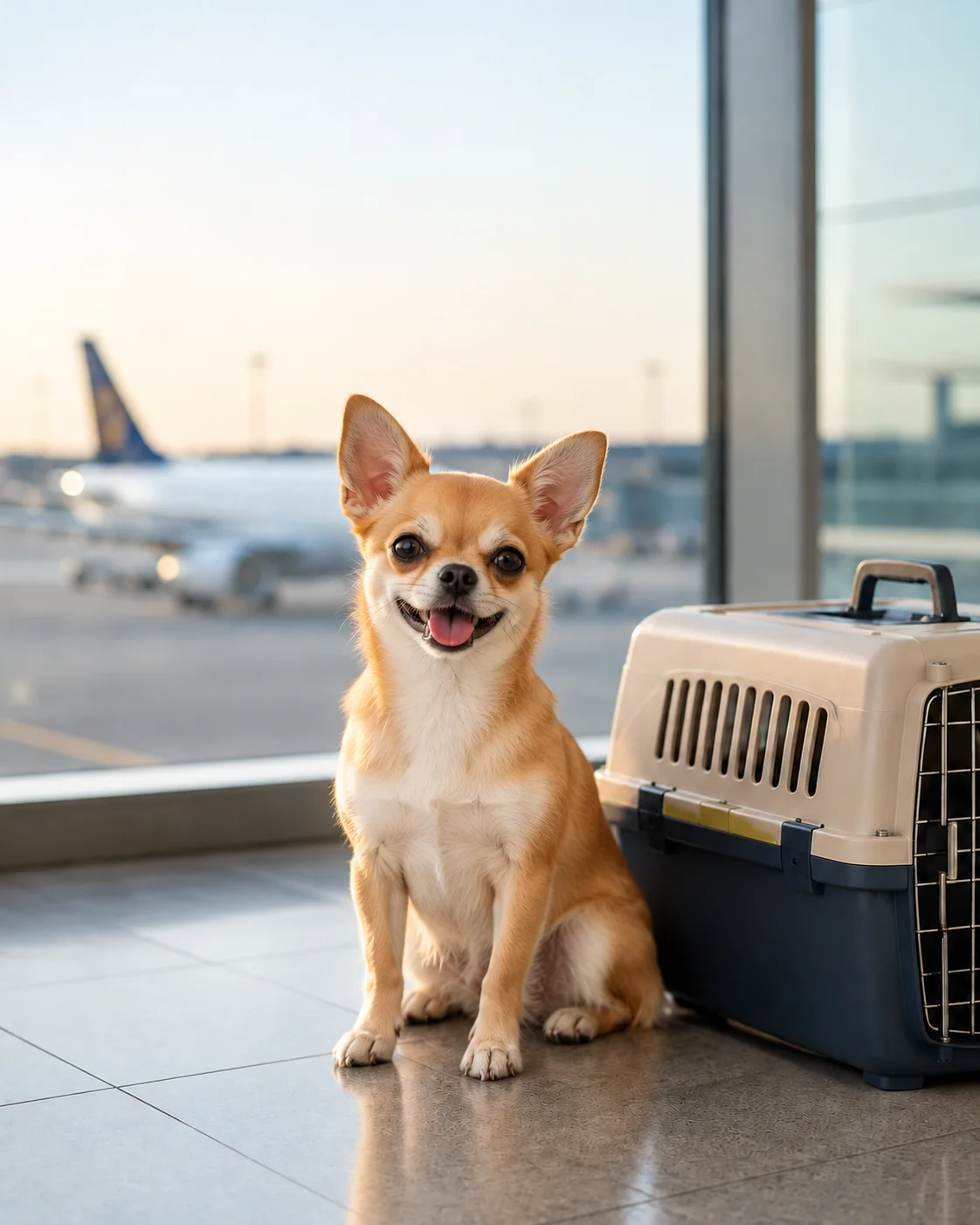 Chihuahua beside a travel kennel in an airport terminal