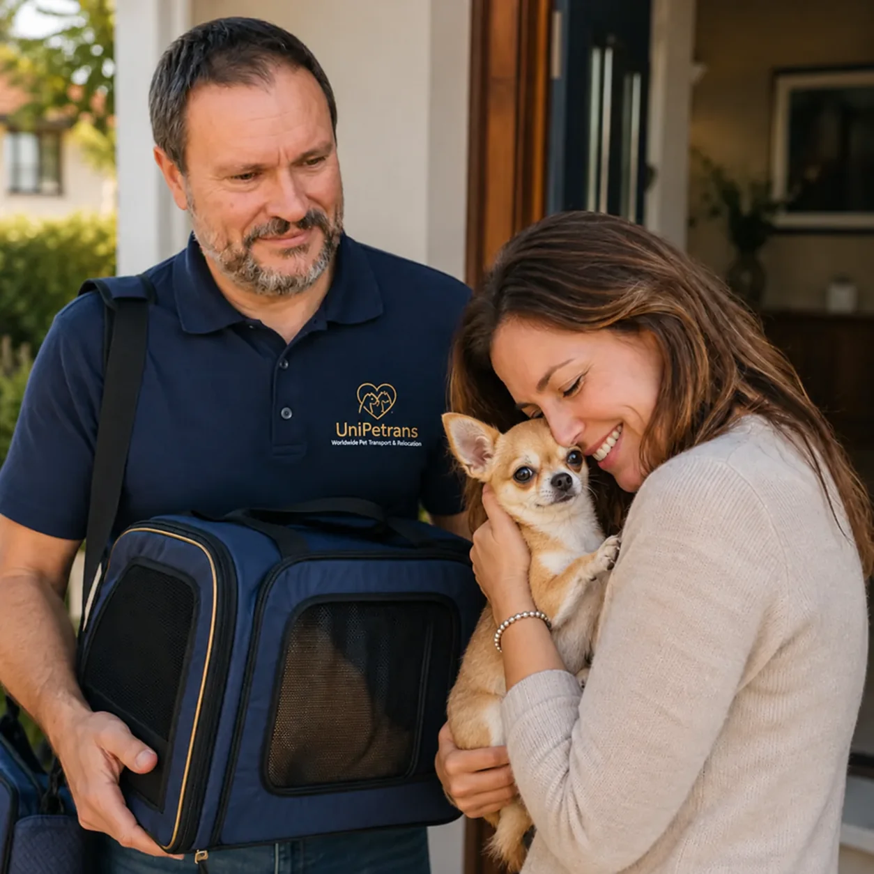 UniPetrans representative handing over a Chihuahua to its recipient at home