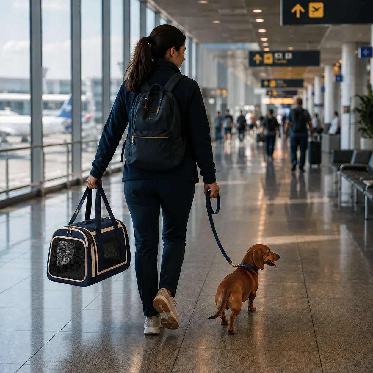 Dachshund walking beside an accompanying woman in an airport terminal with a soft-sided pet carrier bag