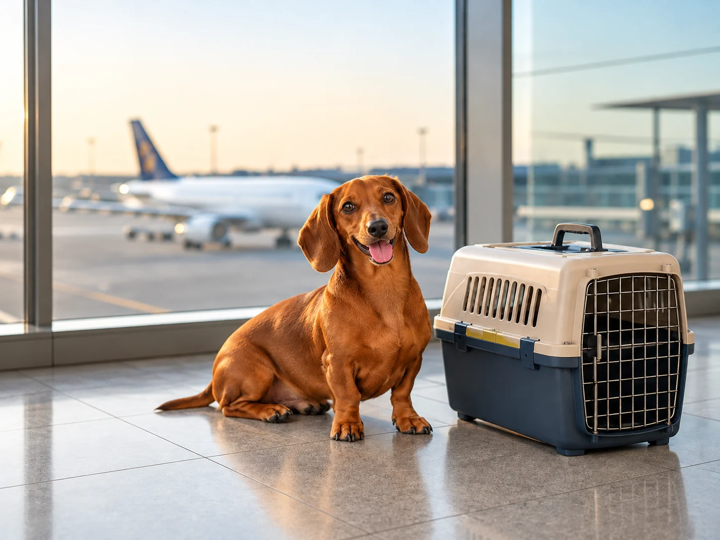 Full-body Dachshund with all paws visible beside a travel kennel in an airport terminal