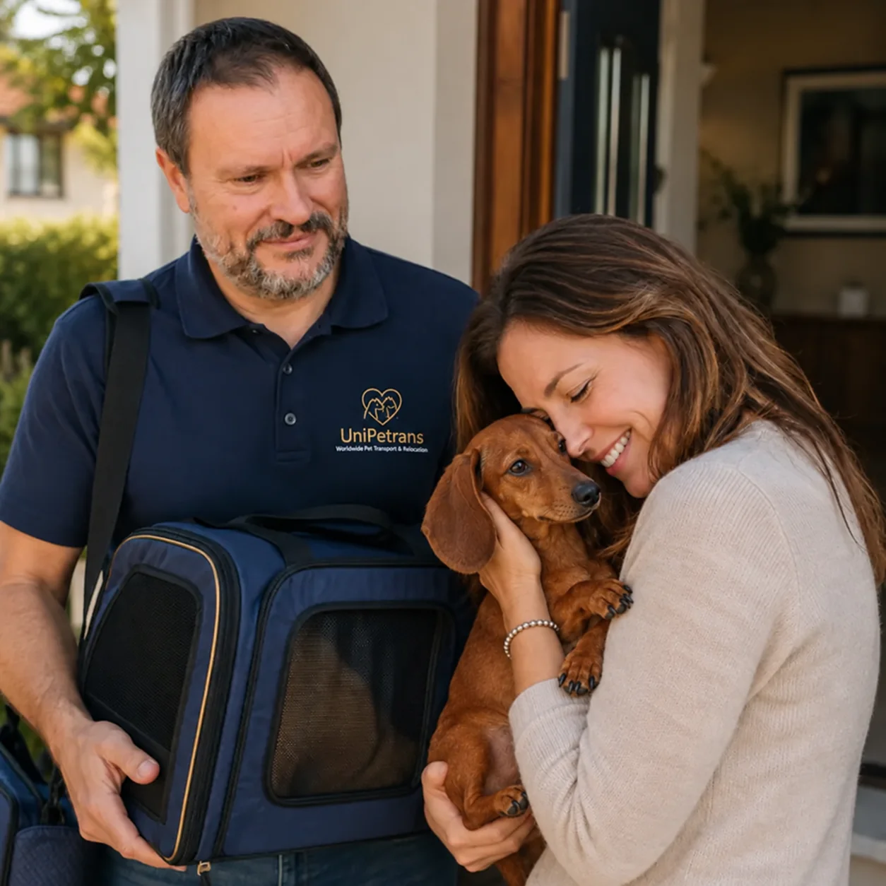 UniPetrans representative handing over a Dachshund to its recipient at home