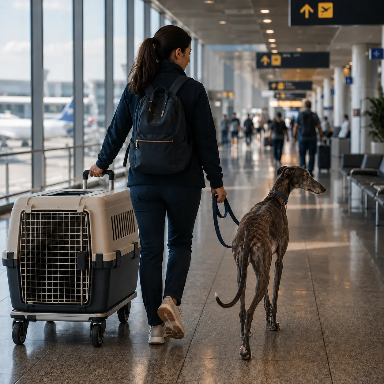 Spanish Galgo walking with a companion through an airport beside a travel kennel