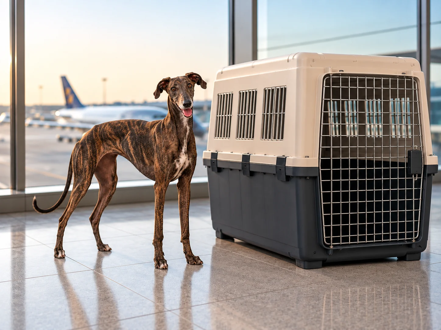 Brindle Spanish Galgo beside a large travel kennel at an airport
