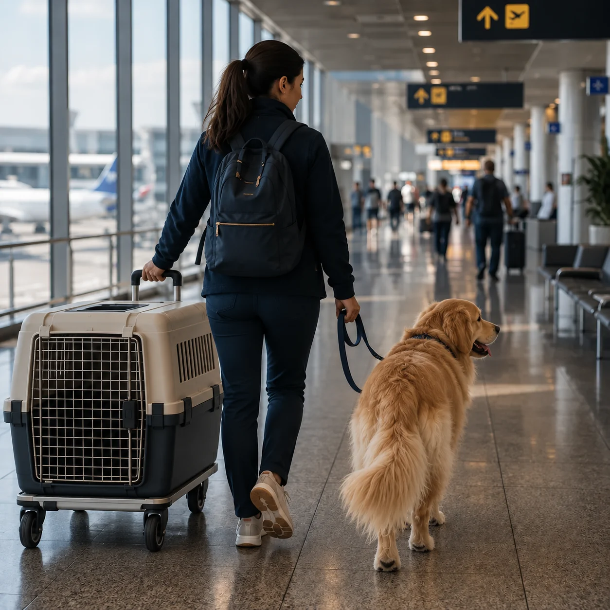 Golden Retriever walking beside an accompanying woman in an airport terminal with a rigid travel kennel