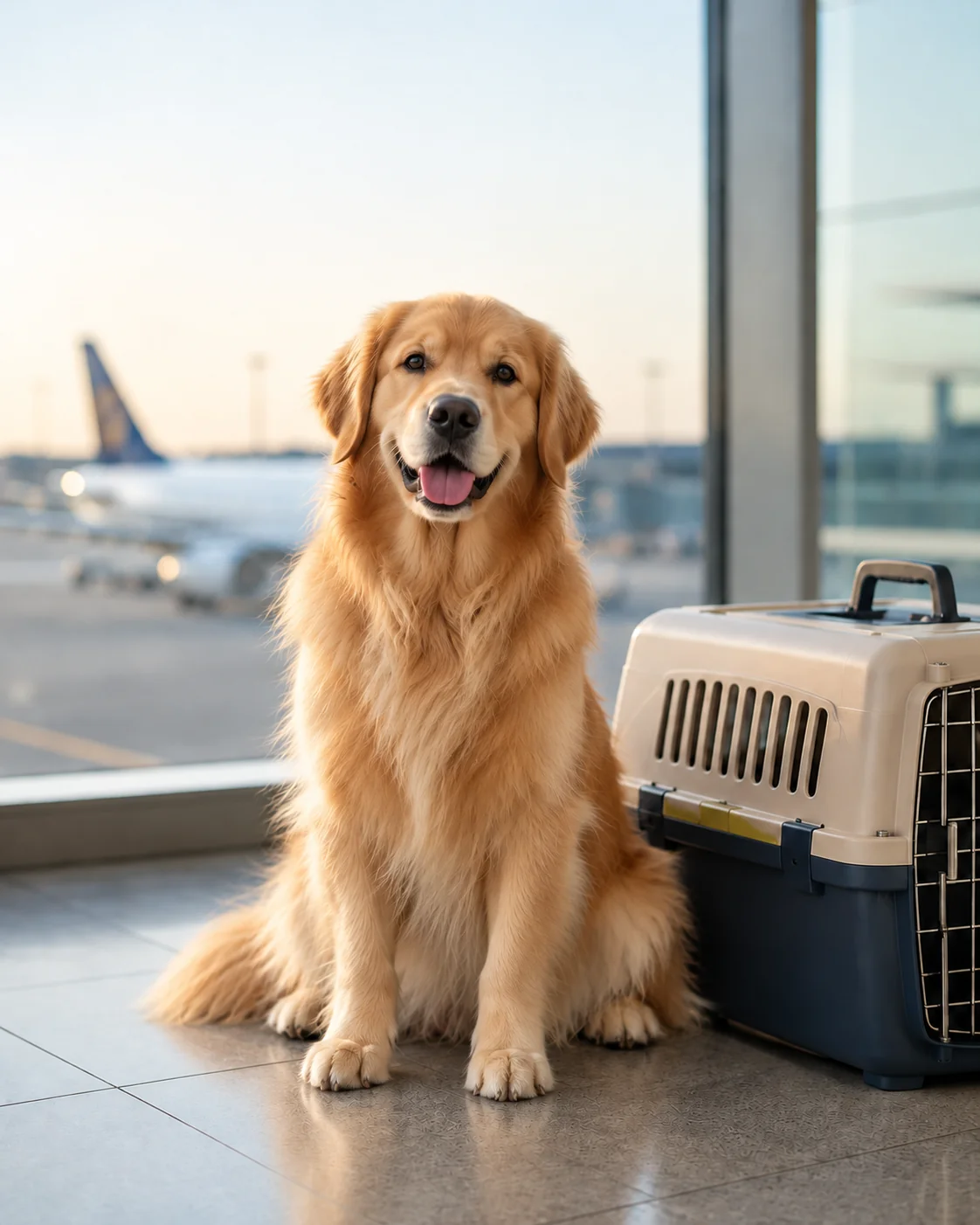 Golden Retriever beside a travel kennel in an airport terminal