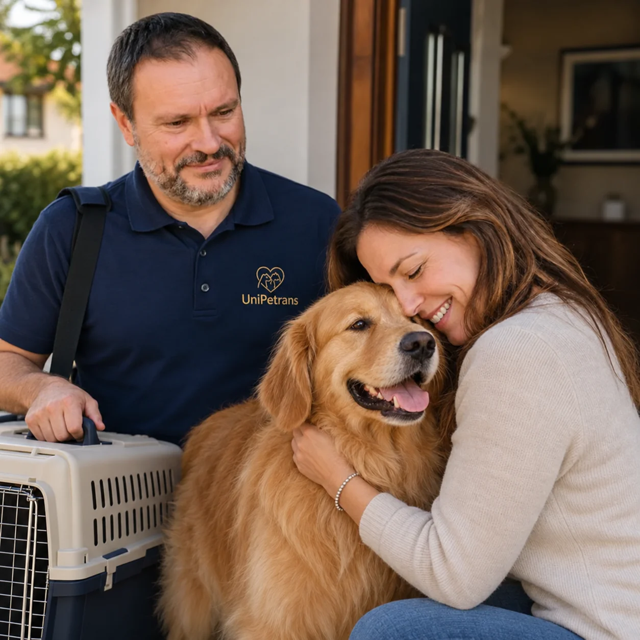 UniPetrans representative handing over a Golden Retriever to its recipient at home