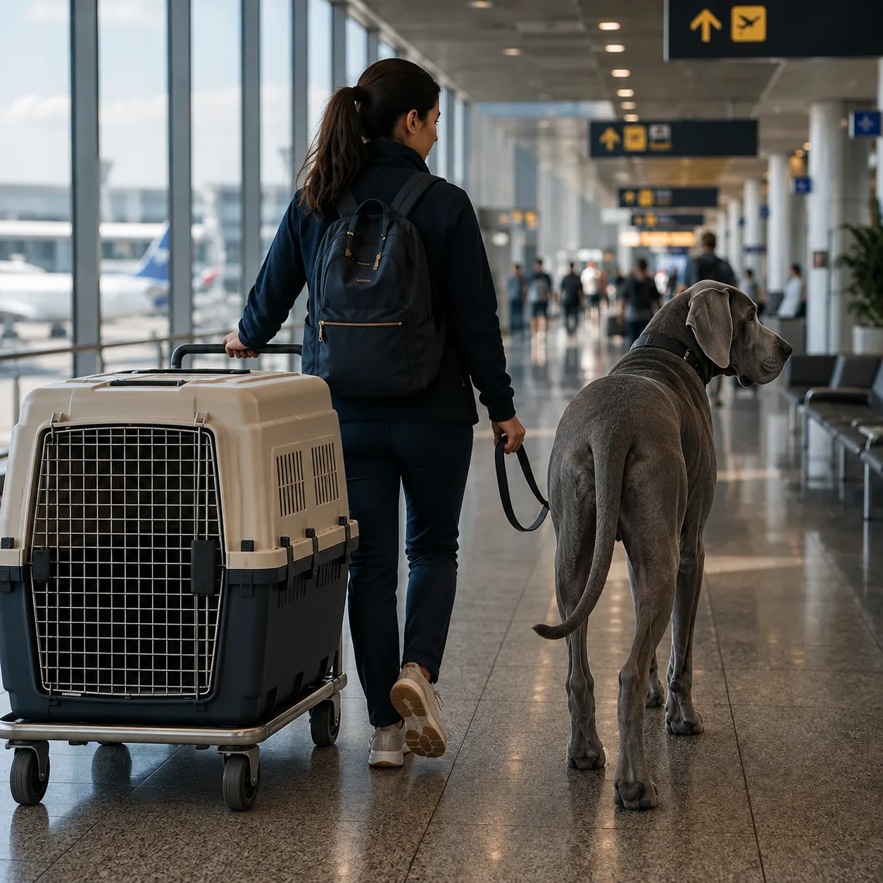 Great Dane walking beside an accompanying woman in an airport terminal with a rigid travel kennel