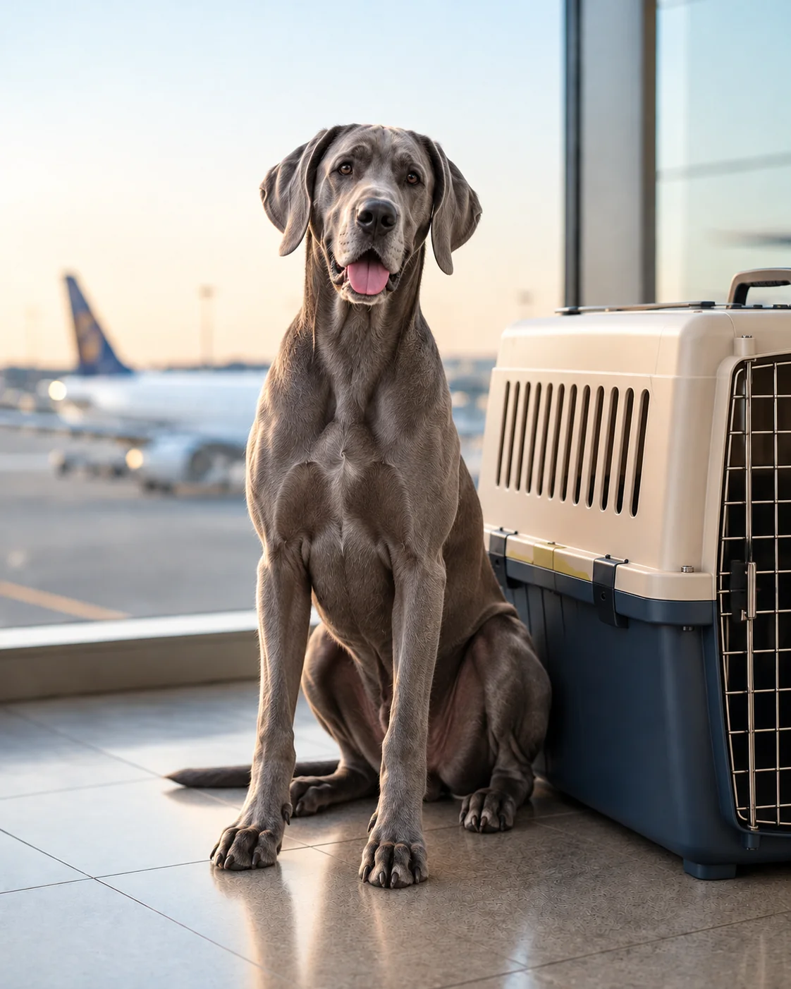 Blue-grey Great Dane beside a giant travel kennel in an airport terminal