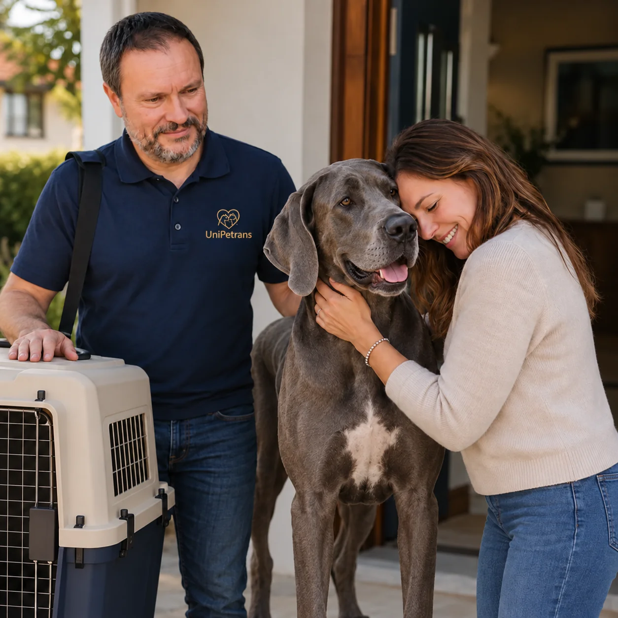 UniPetrans representative handing over a Great Dane to its recipient at home
