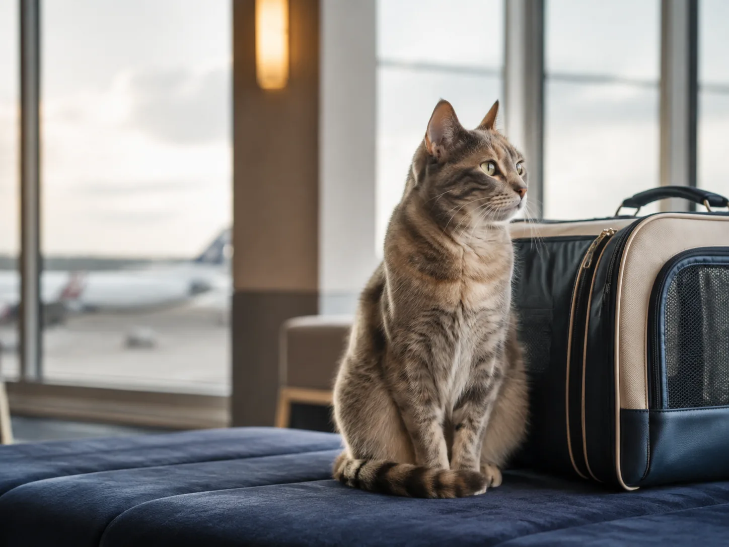 Calm cat beside its travel carrier in a quiet international airport lounge