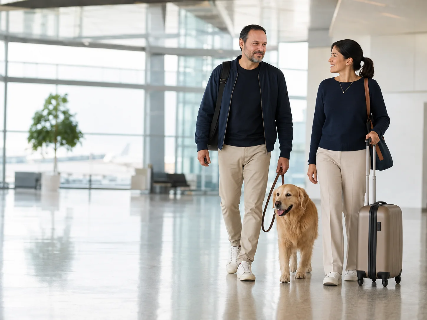 Pet owner travelling through an airport with his dog and a professional travel chaperone