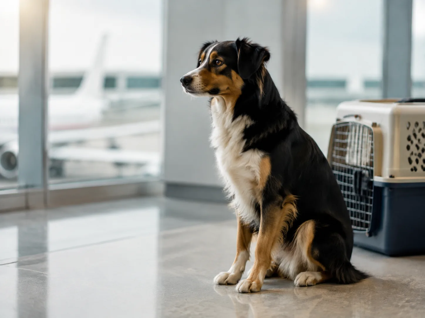 Calm dog beside a travel kennel in a bright international airport terminal