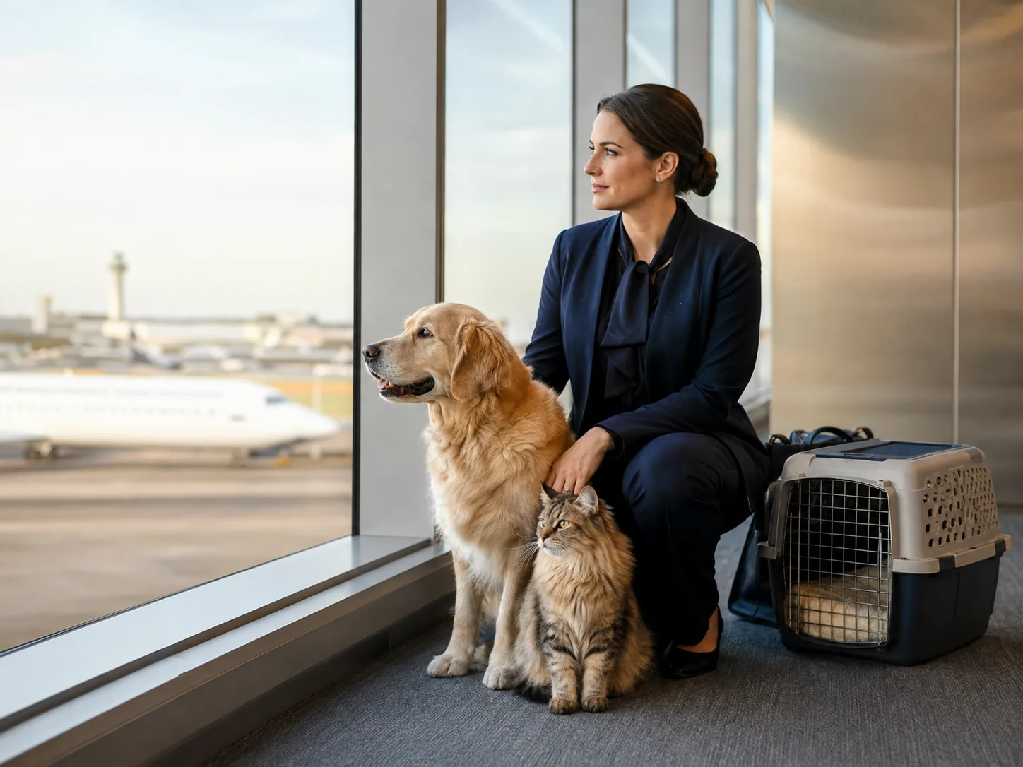 Professional pet flight nanny accompanying a calm dog and cat at an international airport