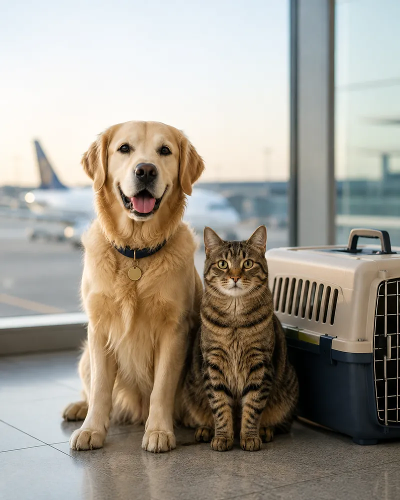 Traveller preparing for an international journey with a pet