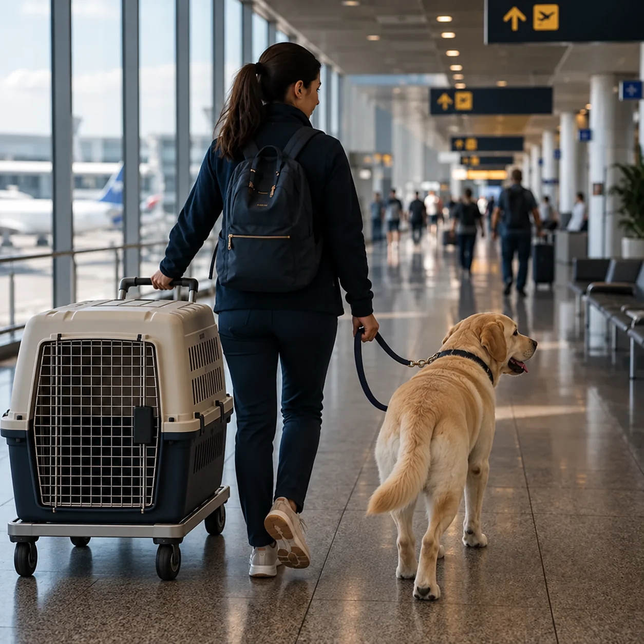 Labrador Retriever walking beside an accompanying woman in an airport terminal with a rigid travel kennel