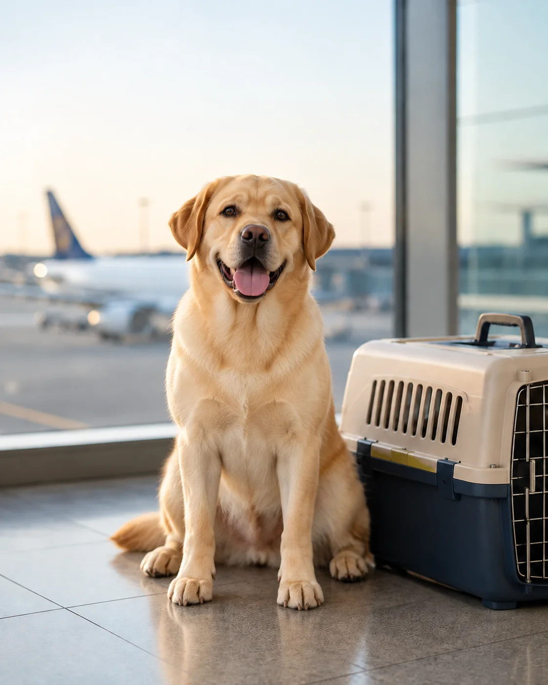 Labrador Retriever beside a travel kennel in an airport terminal