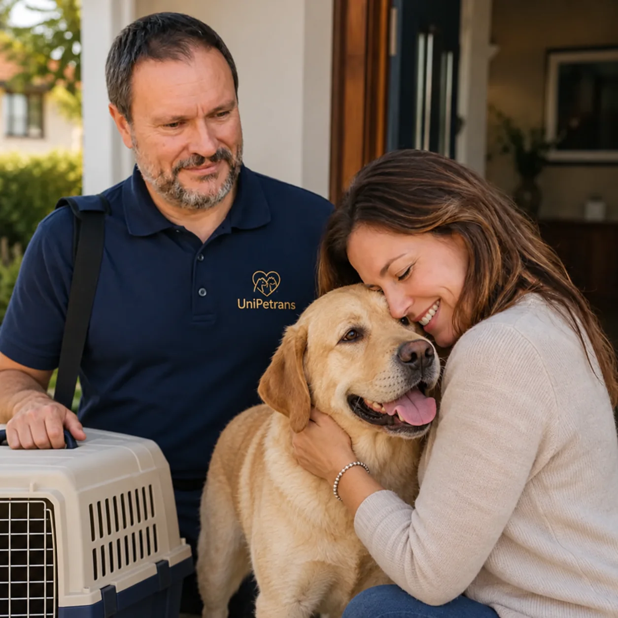 UniPetrans representative handing over a Labrador Retriever to its recipient at home