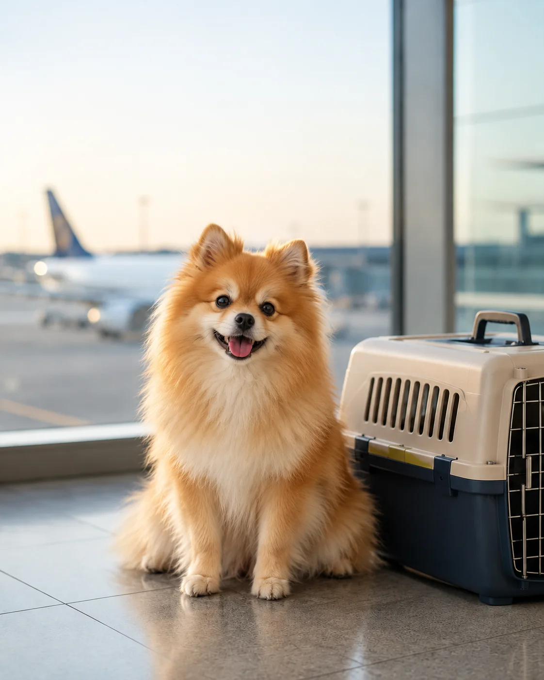 Pomeranian beside a travel kennel in an airport terminal
