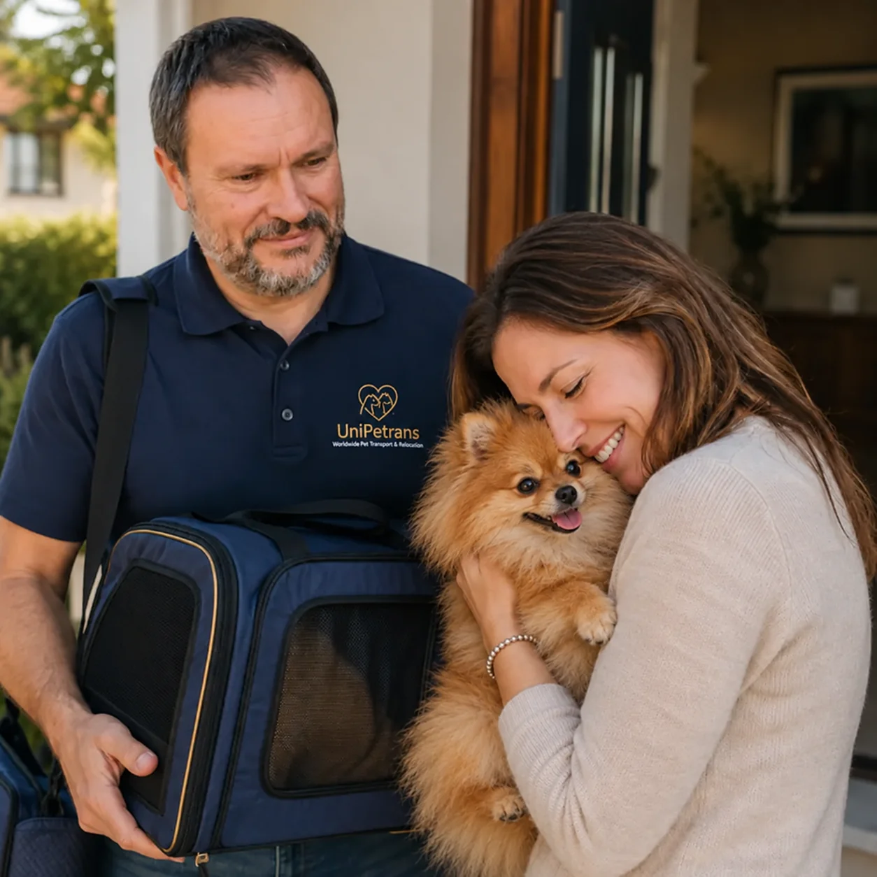 UniPetrans representative handing over a Pomeranian to its recipient at home