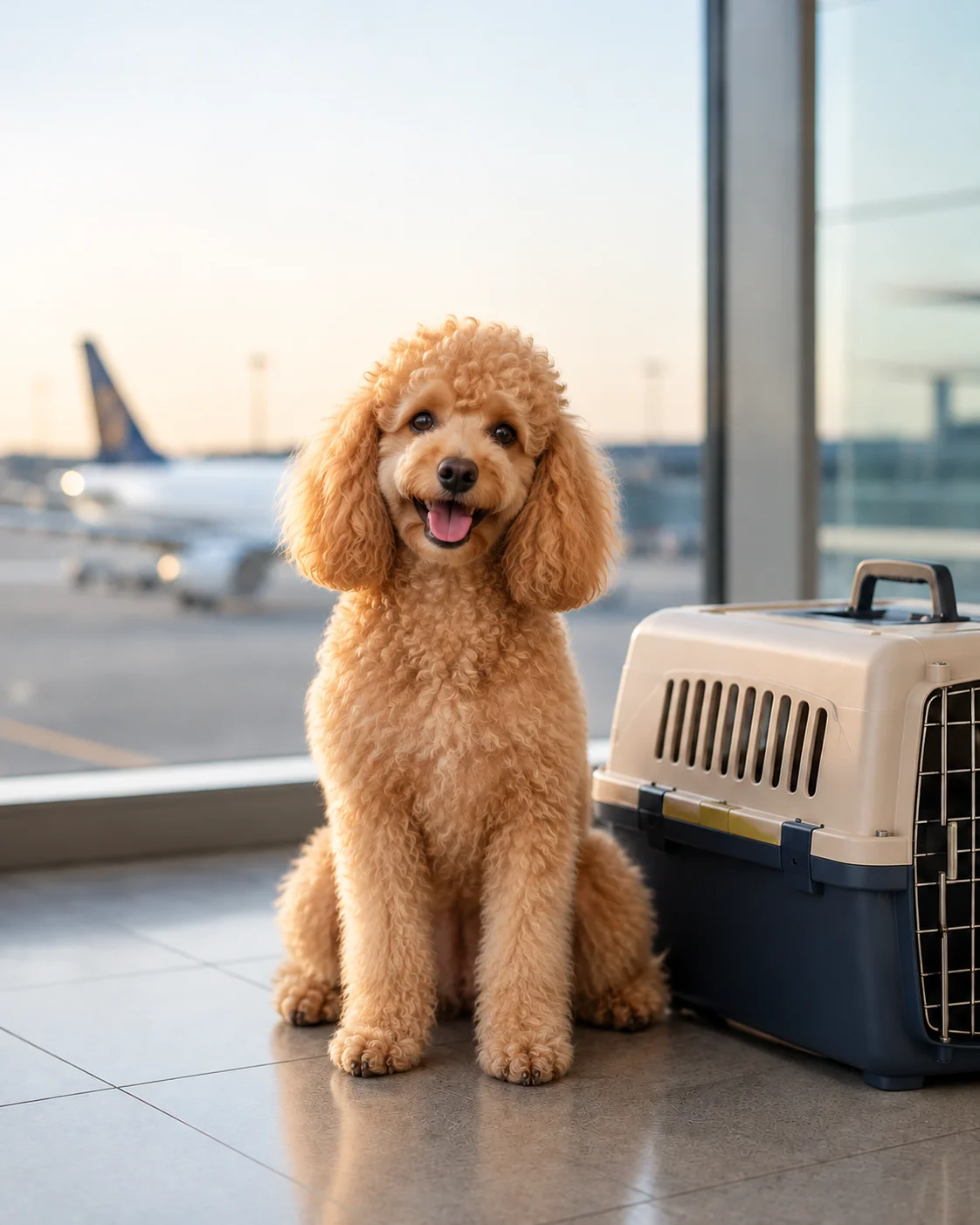 Poodle beside a travel kennel in an airport terminal
