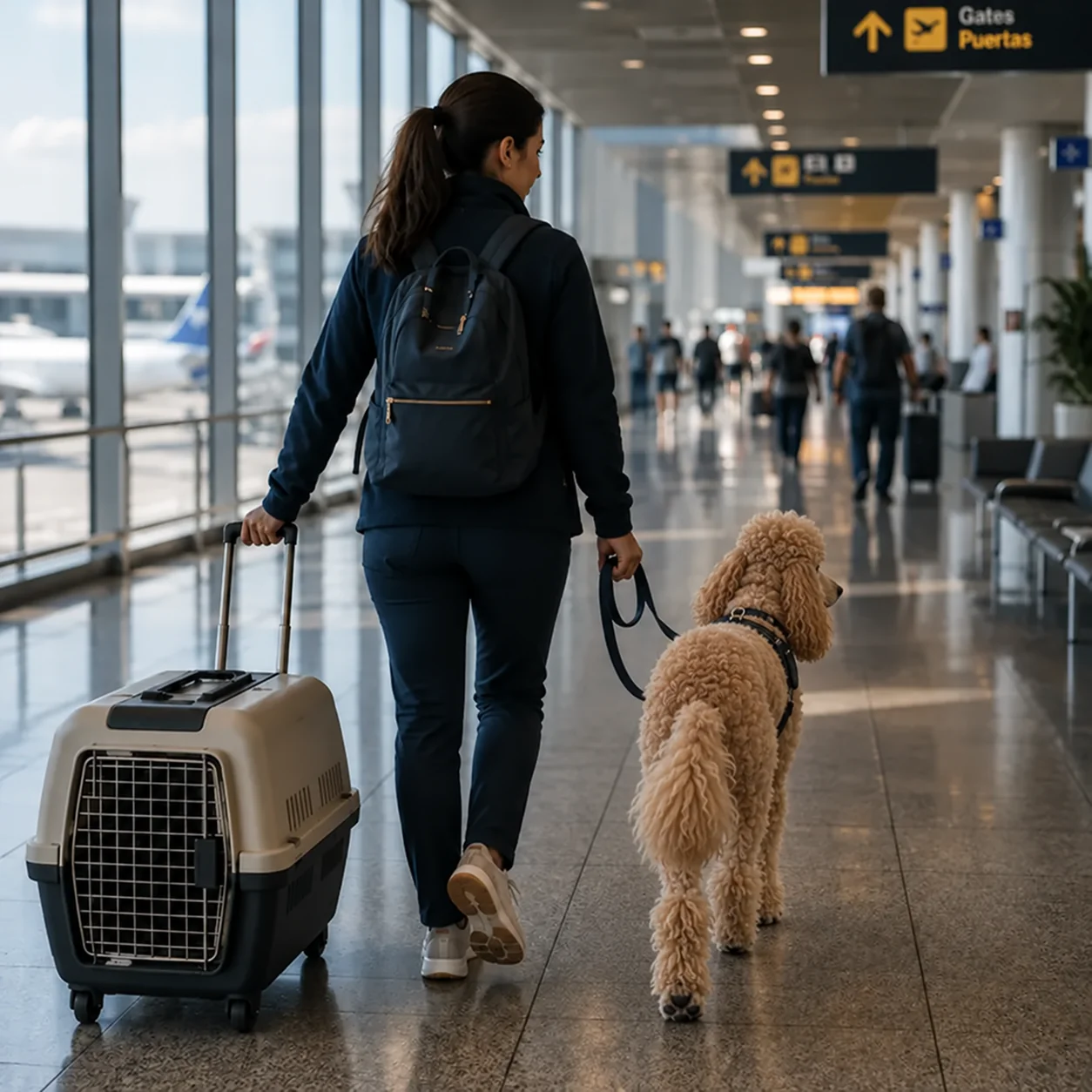 Large light-apricot Standard Poodle walking beside an accompanying woman in an airport terminal