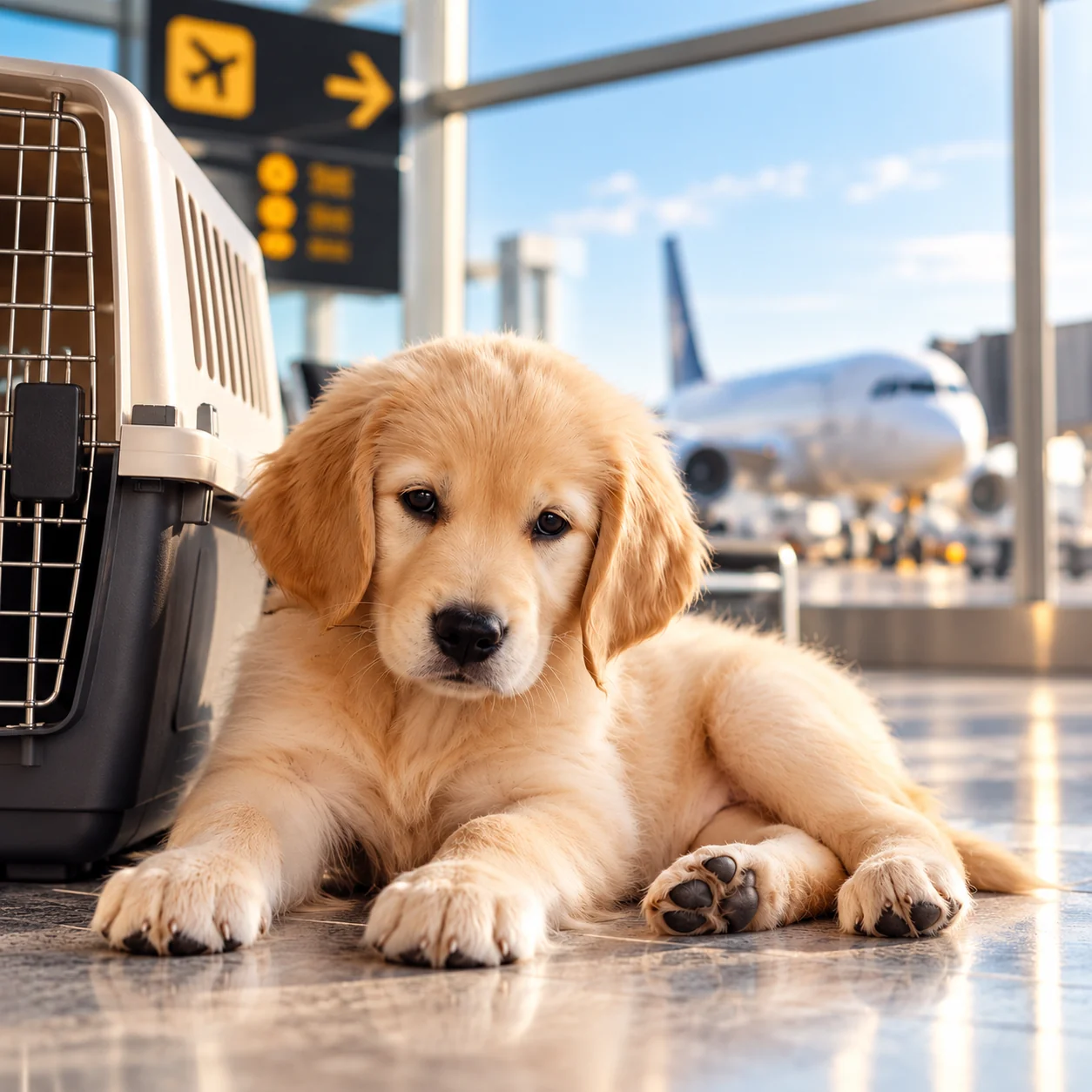 Golden retriever puppy resting beside a travel kennel at an airport